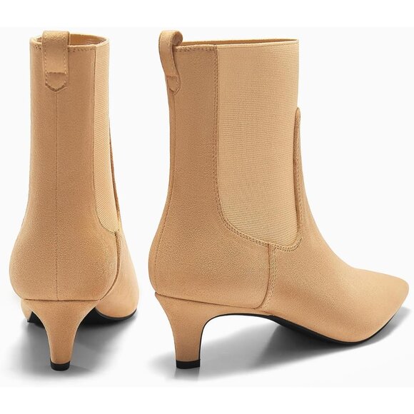 Women's Khaki Ankle Low Kitten Heel Pointed Toe Slip On Dressy Winter Boots - Picture 5 of 6